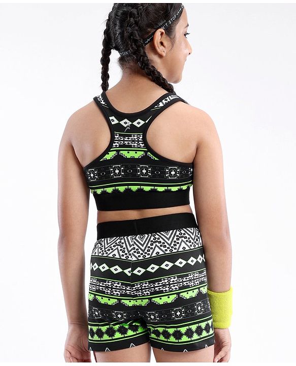 Pine Active High Stretch Breathable Sports Bra And Shorts Set Printed - Black Green