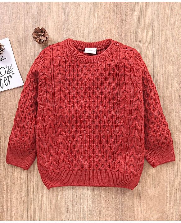 Babyhug Full Sleeves Cable Knit Sweater Solid - Red