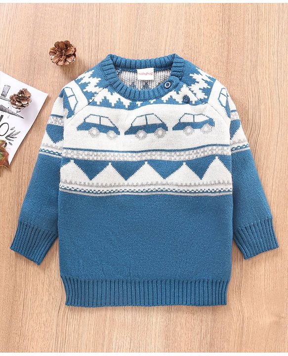 Babyhug Full Sleeves Sweater Car Design- Blue