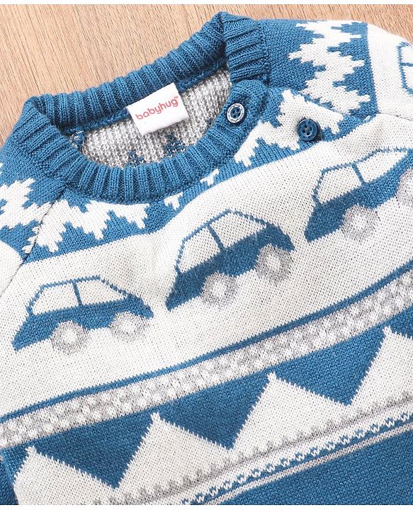 Babyhug Full Sleeves Sweater Car Design- Blue