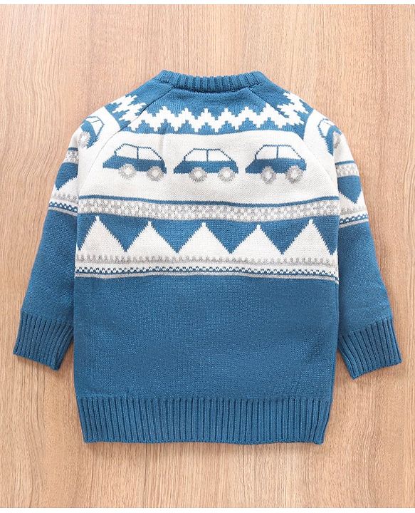 Babyhug Full Sleeves Sweater Car Design- Blue