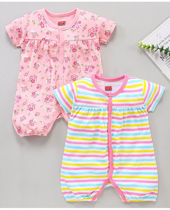 Babyhug 100% Cotton Half Sleeves Romper Pack of 2 - Pink White