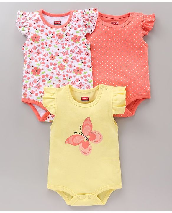 Babyhug 100% Cotton Frill Sleeves Onesie Butterfly Print Pack of 3 - Multicolour