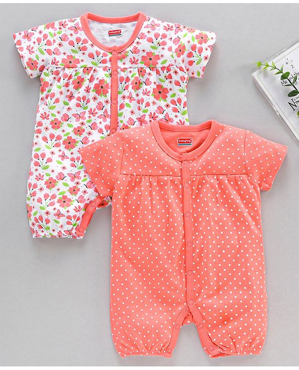 Babyhug 100% Cotton Half Sleeves Cotton Romper Floral Print Pack of 2 - Multicolor