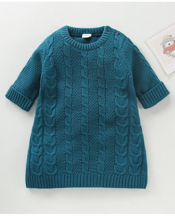 Babyhug Three Fourth Sleeves Cable Knit Woollen Dress - Blue