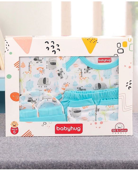 Babyhug 100% Cotton Clothing Gift Set Car Print Pack of 6 - Blue