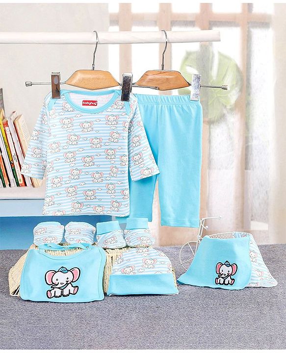 Babyhug 100% Cotton Clothing Gift Set Elephant Print Pack of 8 - Blue