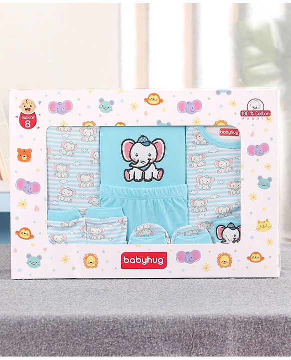 Babyhug 100% Cotton Clothing Gift Set Elephant Print Pack of 8 - Blue