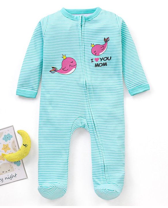 Babyhug Full Sleeves Footed Sleep Suit Dolphin Print -  Blue