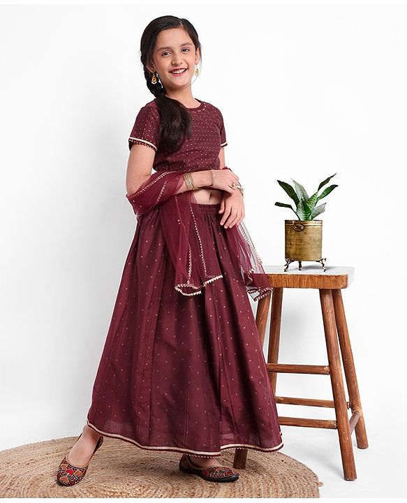 Pine Kids Half Sleeves Embroidered Choli with Lehenga and Dupatta - Maroon