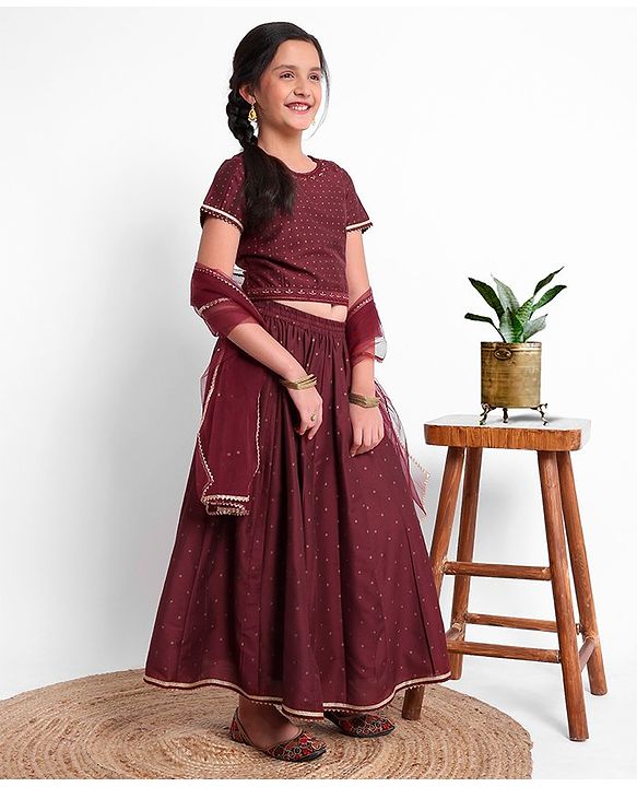 Pine Kids Half Sleeves Embroidered Choli with Lehenga and Dupatta - Maroon