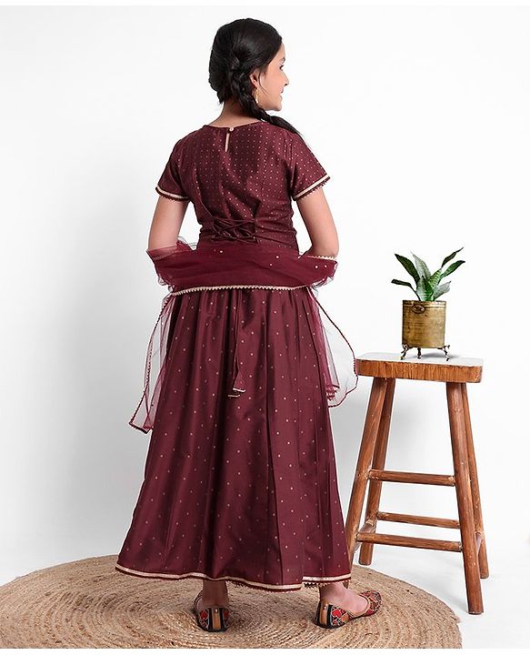 Pine Kids Half Sleeves Embroidered Choli with Lehenga and Dupatta - Maroon