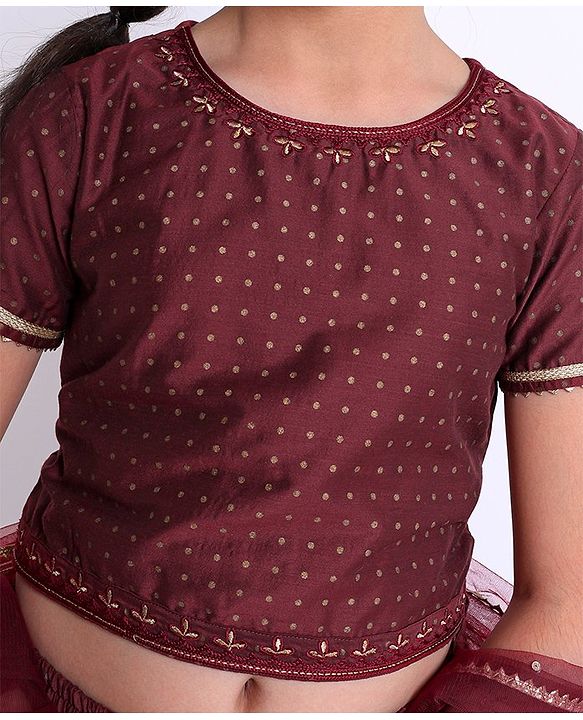 Pine Kids Half Sleeves Embroidered Choli with Lehenga and Dupatta - Maroon