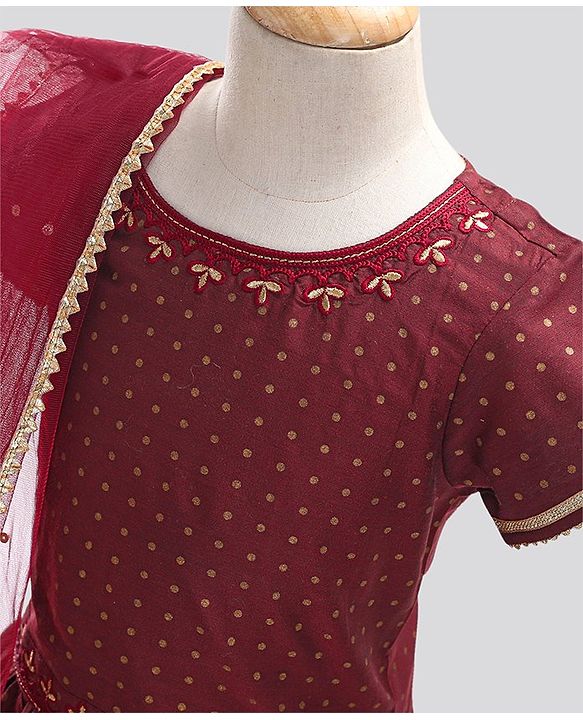 Pine Kids Half Sleeves Embroidered Choli with Lehenga and Dupatta - Maroon