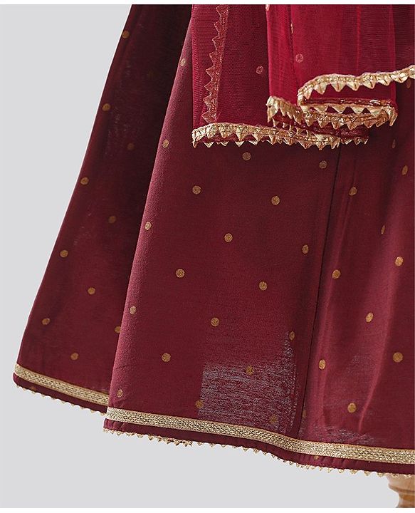 Pine Kids Half Sleeves Embroidered Choli with Lehenga and Dupatta - Maroon
