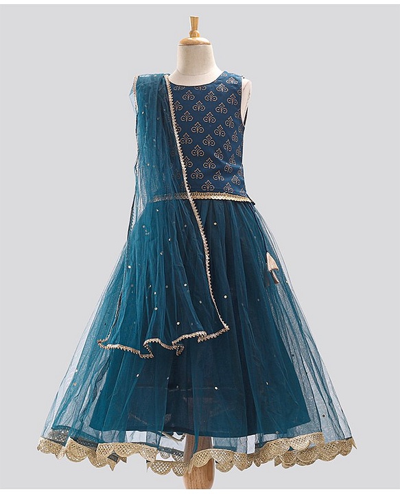 Pine Kids Half Sleeves Embroidered Choli with Lehenga and Dupatta - Blue