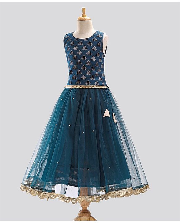 Pine Kids Half Sleeves Embroidered Choli with Lehenga and Dupatta - Blue