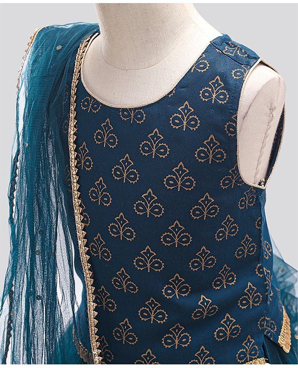 Pine Kids Half Sleeves Embroidered Choli with Lehenga and Dupatta - Blue