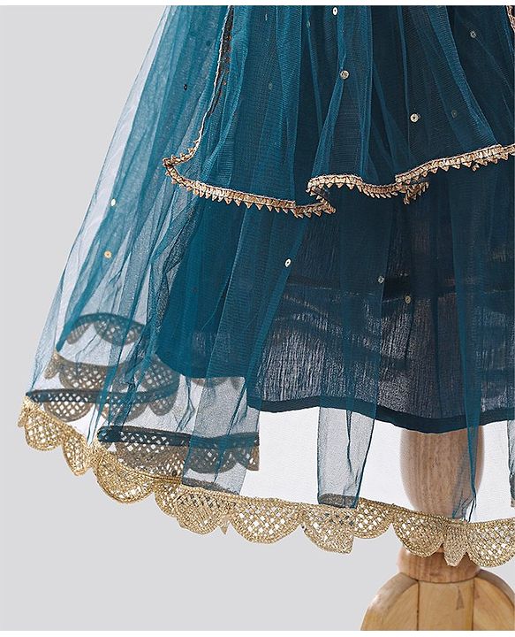 Pine Kids Half Sleeves Embroidered Choli with Lehenga and Dupatta - Blue