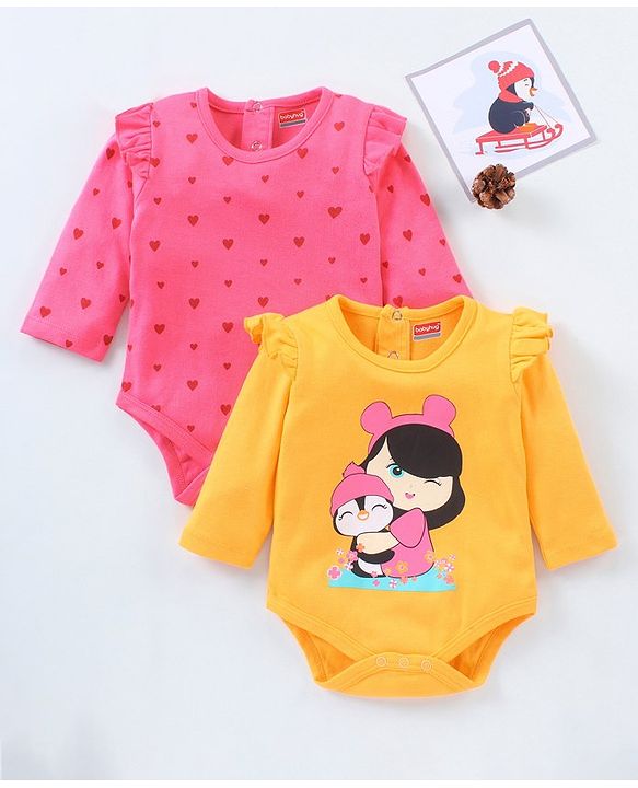 Babyhug 100% Cotton Full Sleeves Printed Onesie Pack of 2 - Pink Yellow