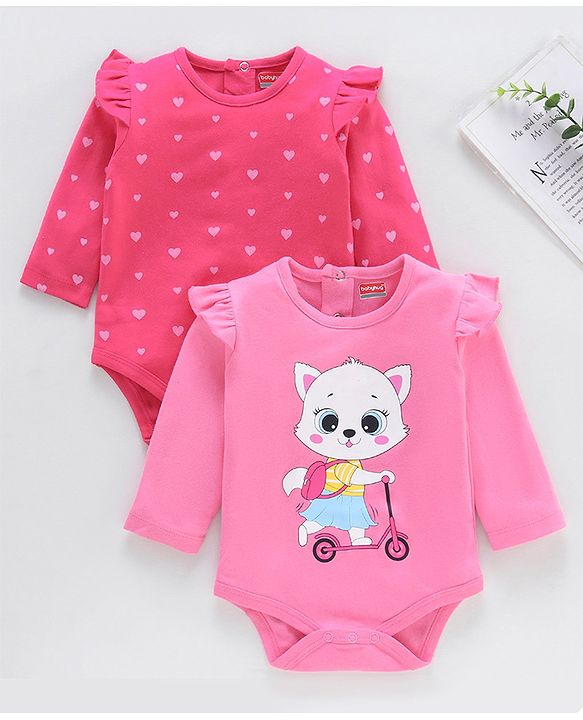 Babyhug 100% Cotton Full Sleeves Heart Printed Onesies Pack Of 2 - Pink