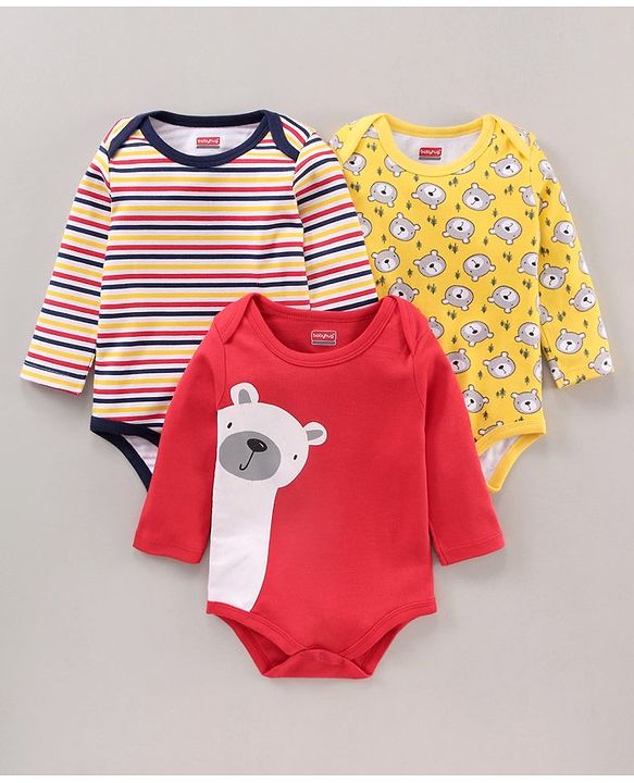 Babyhug 100% Cotton Full Sleeves Onesies Multi Print Pack of 3 - Multicolour
