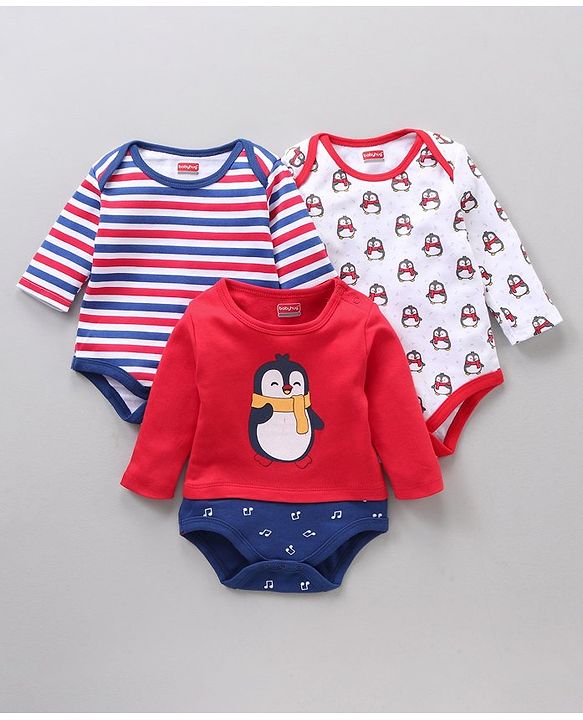 Babyhug 100% Cotton Full Sleeves Onesie Printed & Stripes Pack of 3 - Red Blue White