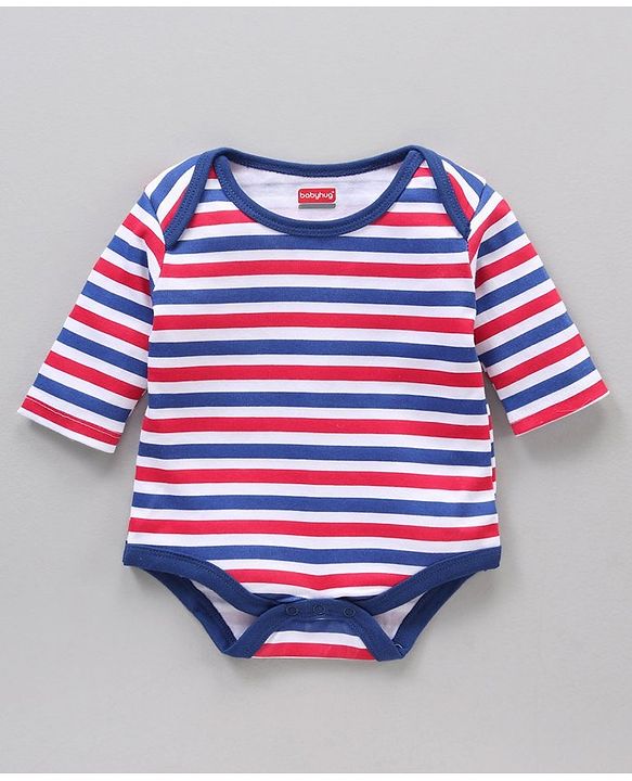 Babyhug 100% Cotton Full Sleeves Onesie Printed & Stripes Pack of 3 - Red Blue White