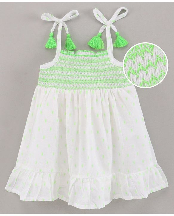 Babyhug Singlet Sleeves 100% Cotton Smocking Embroidered Dobby Frock - White