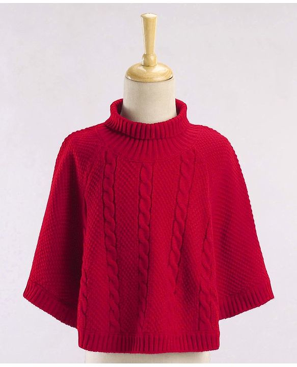 Babyhug Solid Woollen Poncho Cable Knit Design - Red