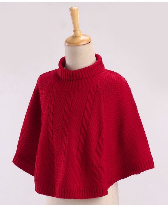 Babyhug Solid Woollen Poncho Cable Knit Design - Red