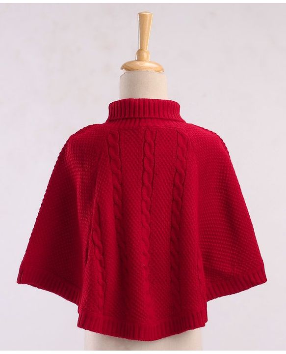 Babyhug Solid Woollen Poncho Cable Knit Design - Red