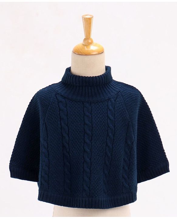 Babyhug Woollen Poncho Solid Colour & Cable Knit Design - Navy Blue
