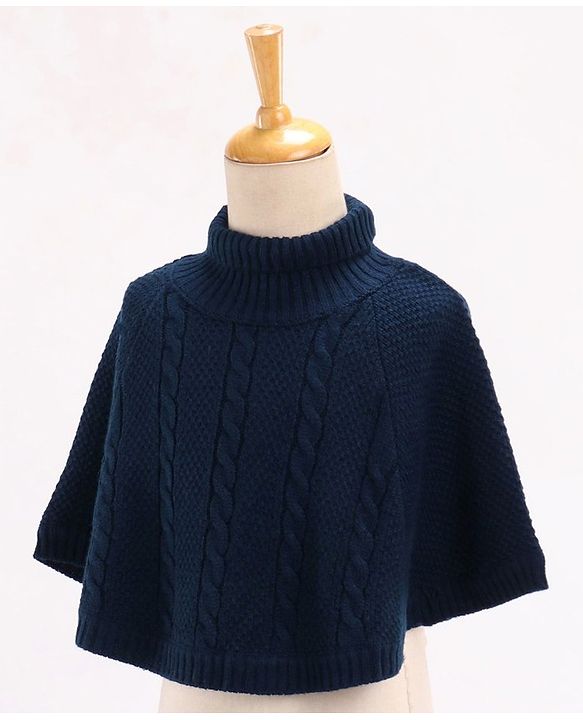Babyhug Woollen Poncho Solid Colour & Cable Knit Design - Navy Blue