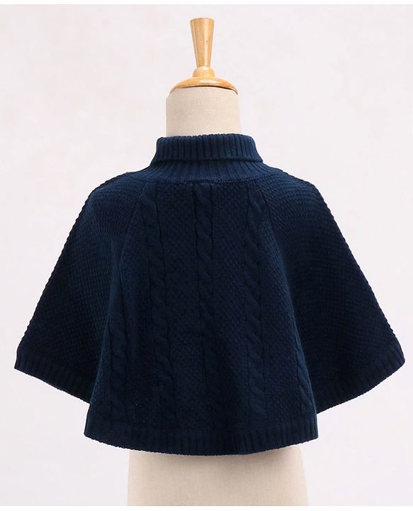 Babyhug Woollen Poncho Solid Colour & Cable Knit Design - Navy Blue
