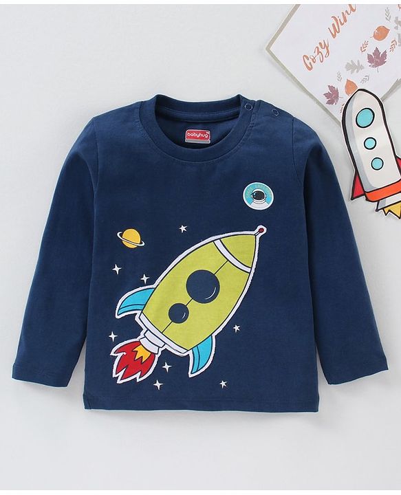 Babyhug Cotton Knit Full Sleeves T-Shirt Rocket Printed - Navy