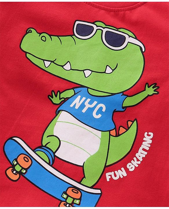 Babyhug Full Sleeves Cotton T-Shirt Crocodile Print - Red