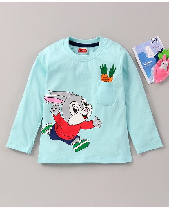 Babyhug Full Sleeves Cotton Knit T-Shirt Bunny Print - Blue