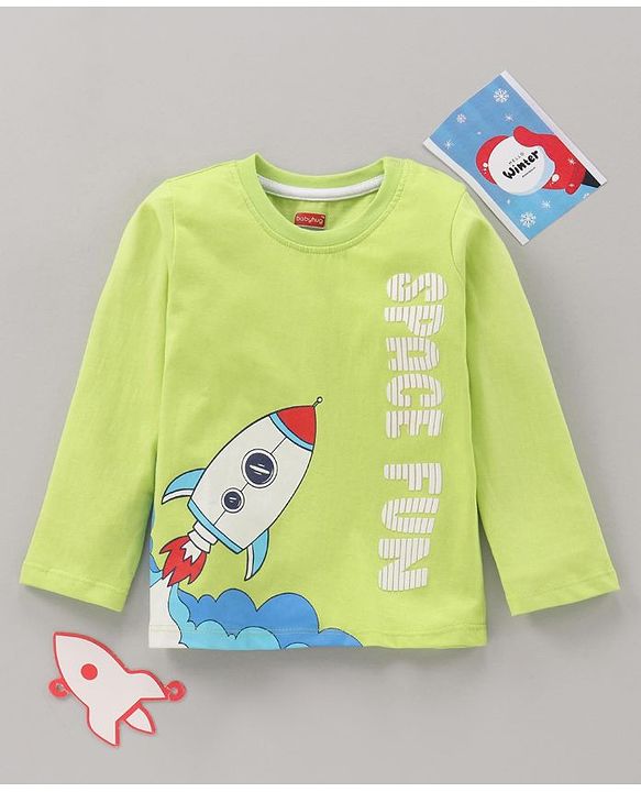 Babyhug Cotton Knit Full Sleeves Spaceship Printed T Shirt - Lime Punch