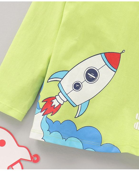 Babyhug Cotton Knit Full Sleeves Spaceship Printed T Shirt - Lime Punch