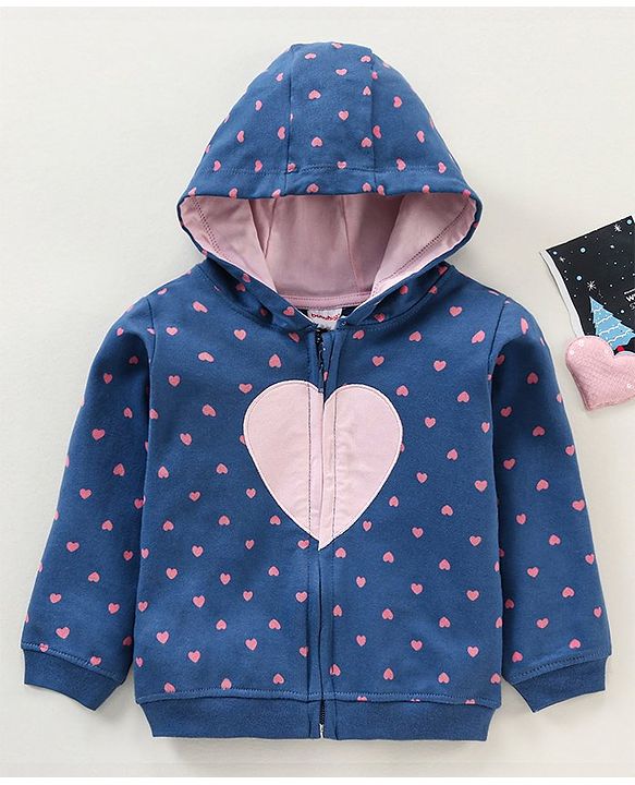 Babyhug Cotton Knit Full Sleeves Hooded Sweat Jacket Heart Print Applique - Blue