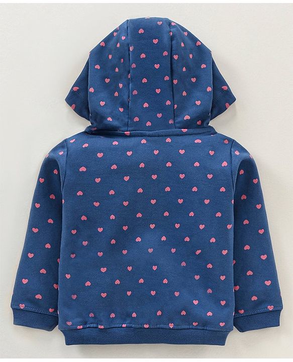 Babyhug Cotton Knit Full Sleeves Hooded Sweat Jacket Heart Print Applique - Blue