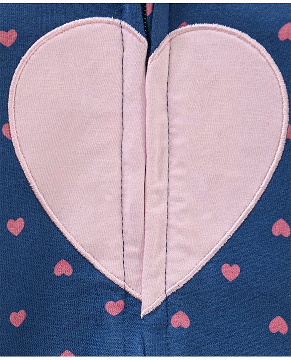 Babyhug Cotton Knit Full Sleeves Hooded Sweat Jacket Heart Print Applique - Blue