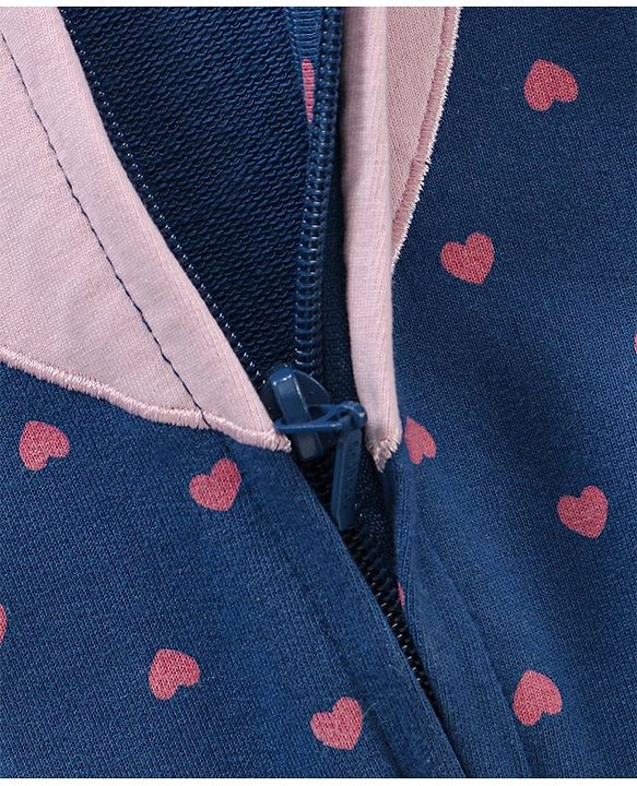 Babyhug Cotton Knit Full Sleeves Hooded Sweat Jacket Heart Print Applique - Blue