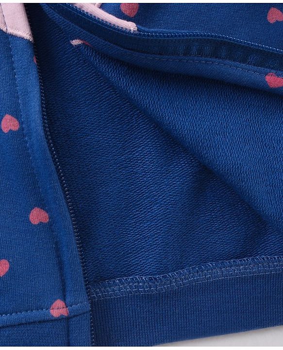Babyhug Cotton Knit Full Sleeves Hooded Sweat Jacket Heart Print Applique - Blue