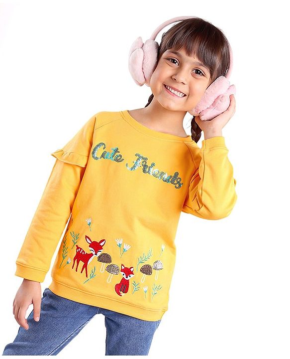 Babyhug Full Sleeves Cotton Knit Sweatshirt Animal Embroidered - Yellow