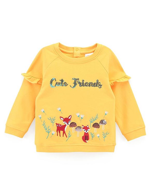 Babyhug Full Sleeves Cotton Knit Sweatshirt Animal Embroidered - Yellow
