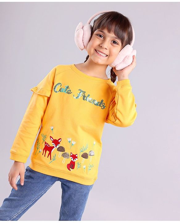 Babyhug Full Sleeves Cotton Knit Sweatshirt Animal Embroidered - Yellow