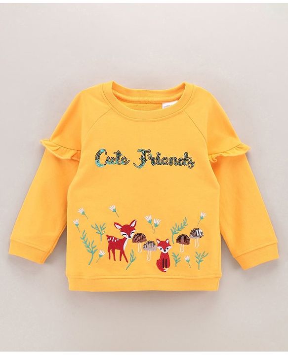 Babyhug Full Sleeves Cotton Knit Sweatshirt Animal Embroidered - Yellow