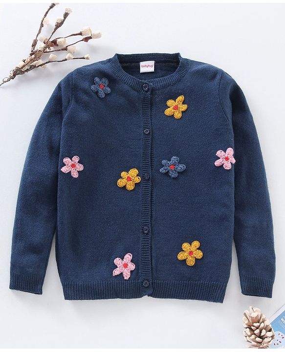 Babyhug Knit Full Sleeves Pullover Sweaters with Floral Applique - Navy